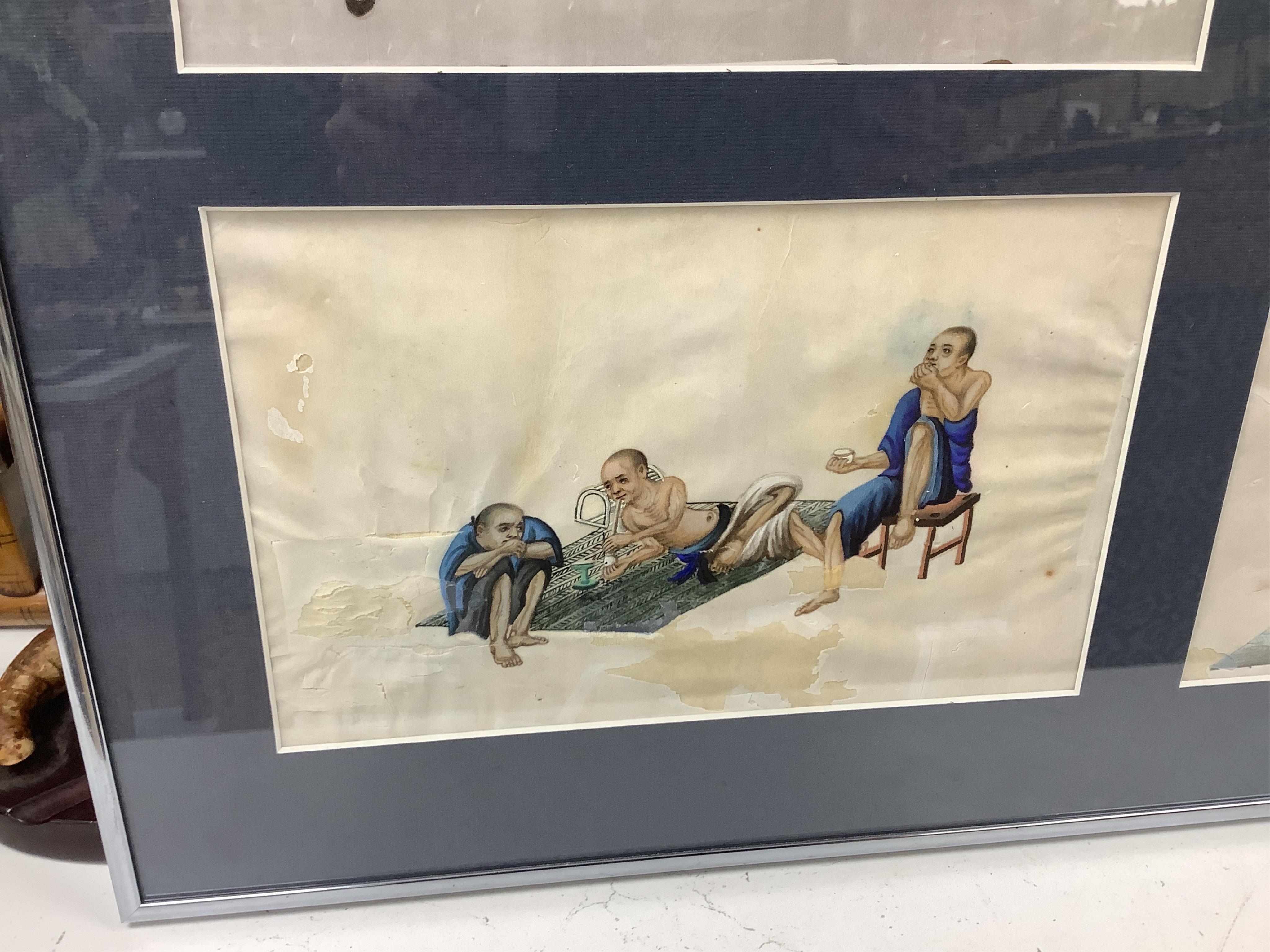 Late 19th / early 20th century, Chinese School, set of six pith paper paintings, Interior scenes with figures, each 15 x 24cm, paper in poor condition